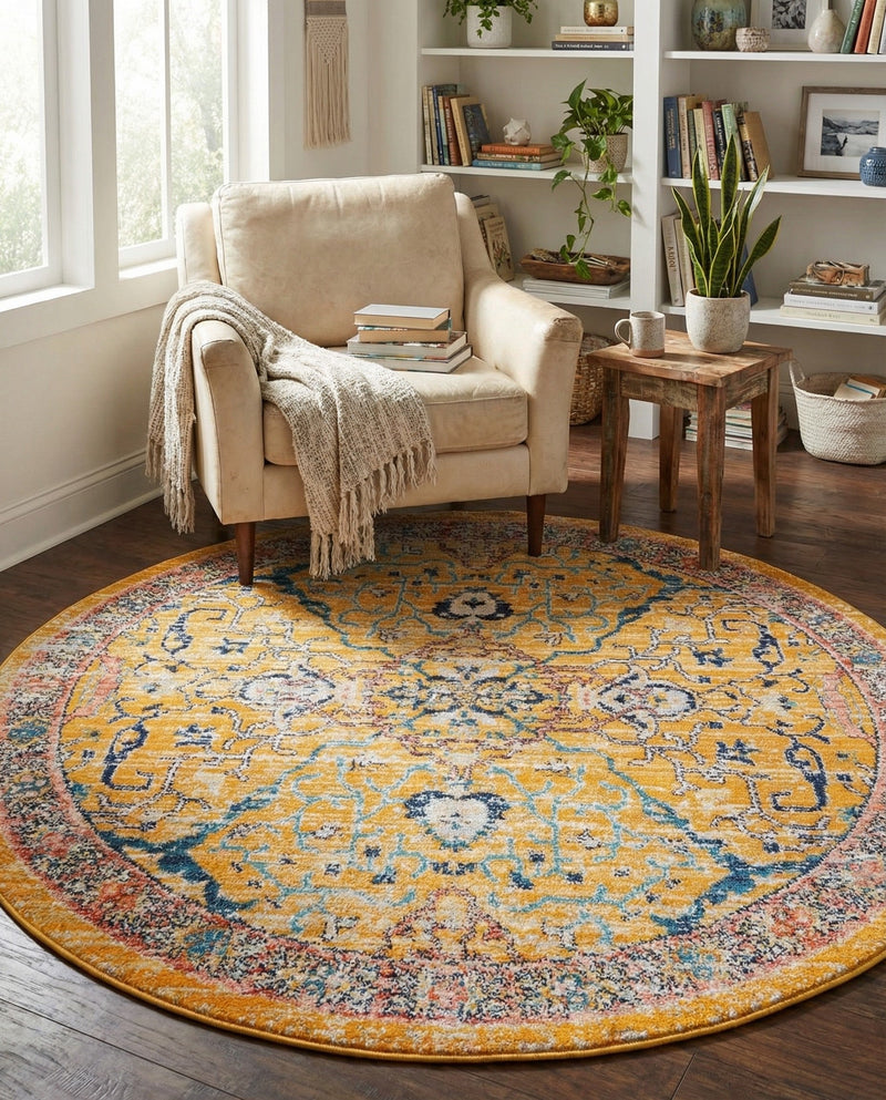 Seville Stripes Collection Area Rug -  Malaga (Yellow) Round Yellow  lifestyle 69