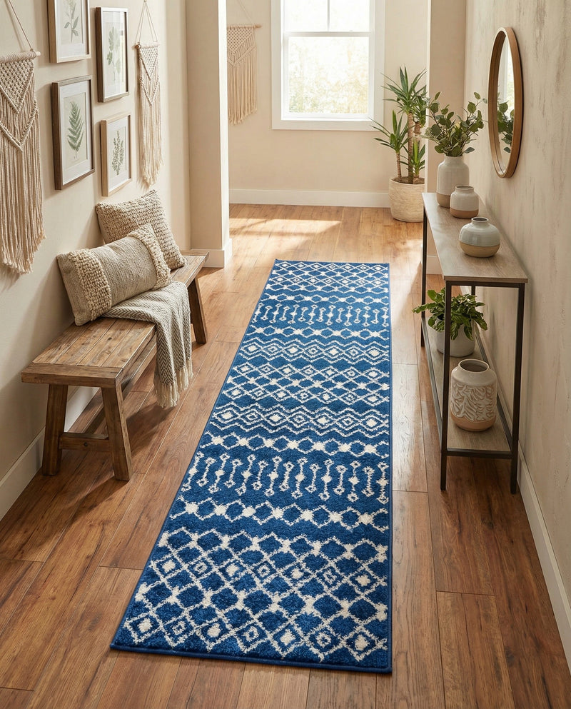 Mediterranean Lattice Collection Area Rug - Santorini (Navy Blue) Runner Navy Blue  lifestyle 80