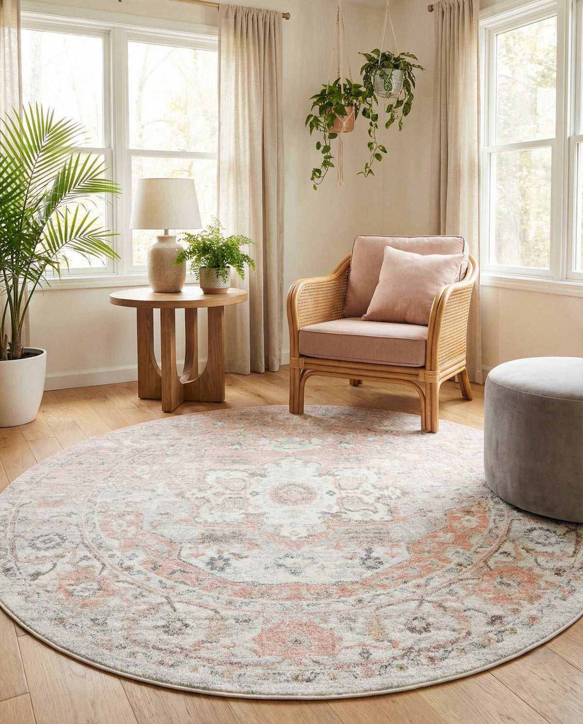 Parisian Elegance Collection Area Rug - Versailles (Rose Pink) Round Rose Pink  lifestyle 95