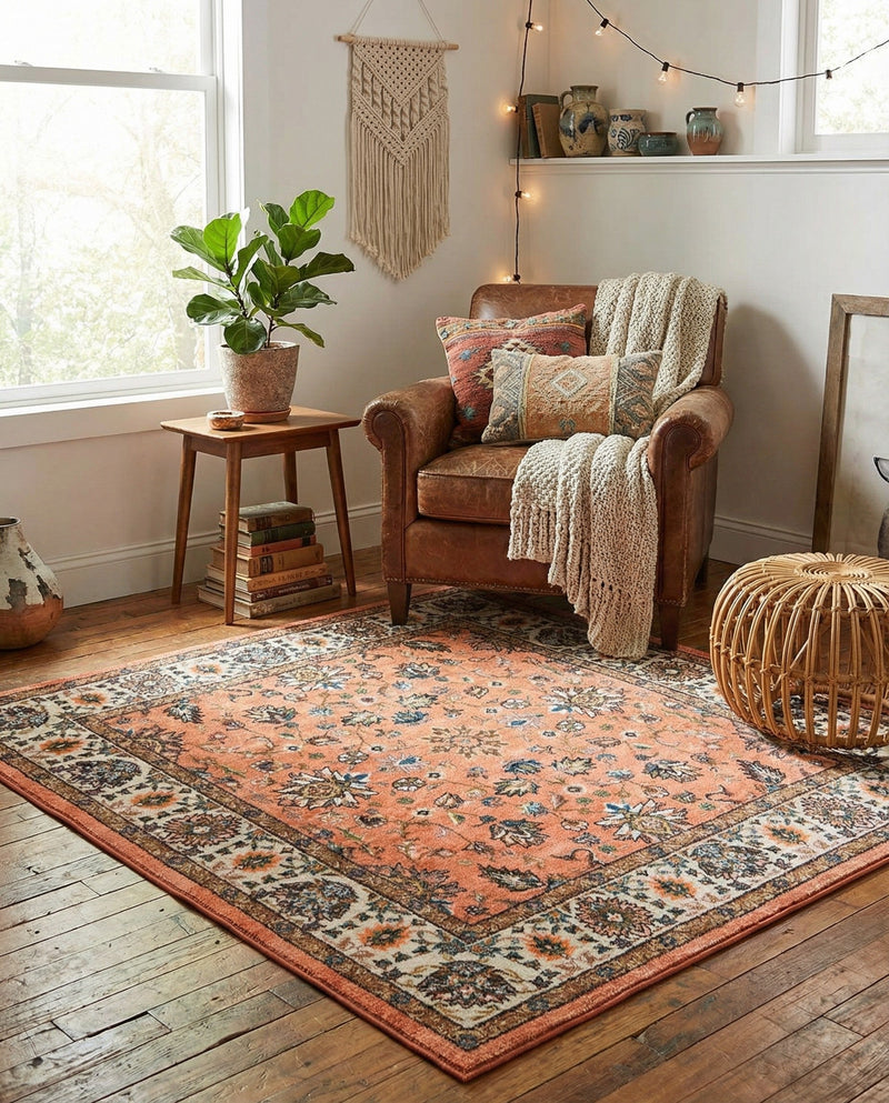 Casablanca Tapestry Collection Area Rug -  Marrakech (Salmon) Square Salmon  lifestyle 57