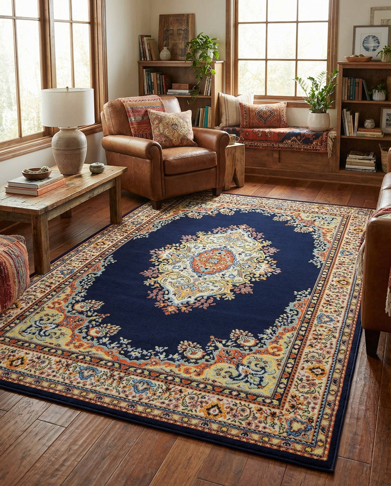 Tabriz Tapestry Collection Area Rug - Azerbaijan (Navy Blue) Rectangle Navy Blue  lifestyle 11