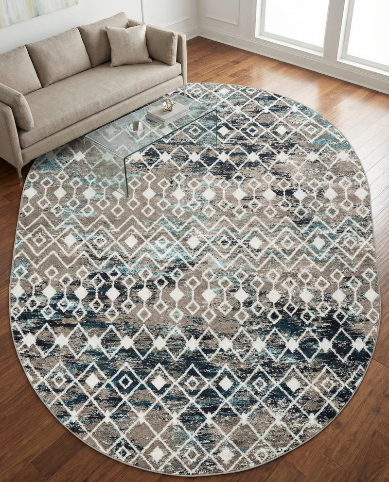 Mediterranean Lattice Collection Area Rug - Santorini (Multi Gray Blue) Oval Multi Gray Blue  lifestyle 75