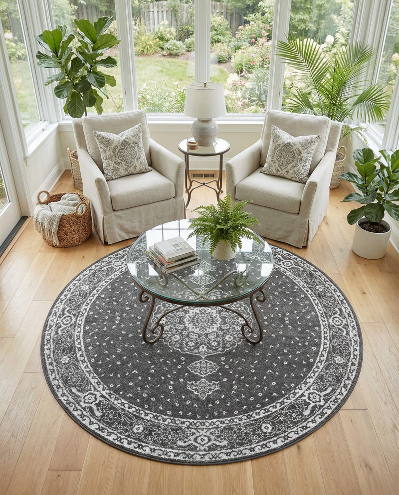 Dover Terrace Collection Area Rug - Marina (Dark Gray) Round Dark Gray  lifestyle 58