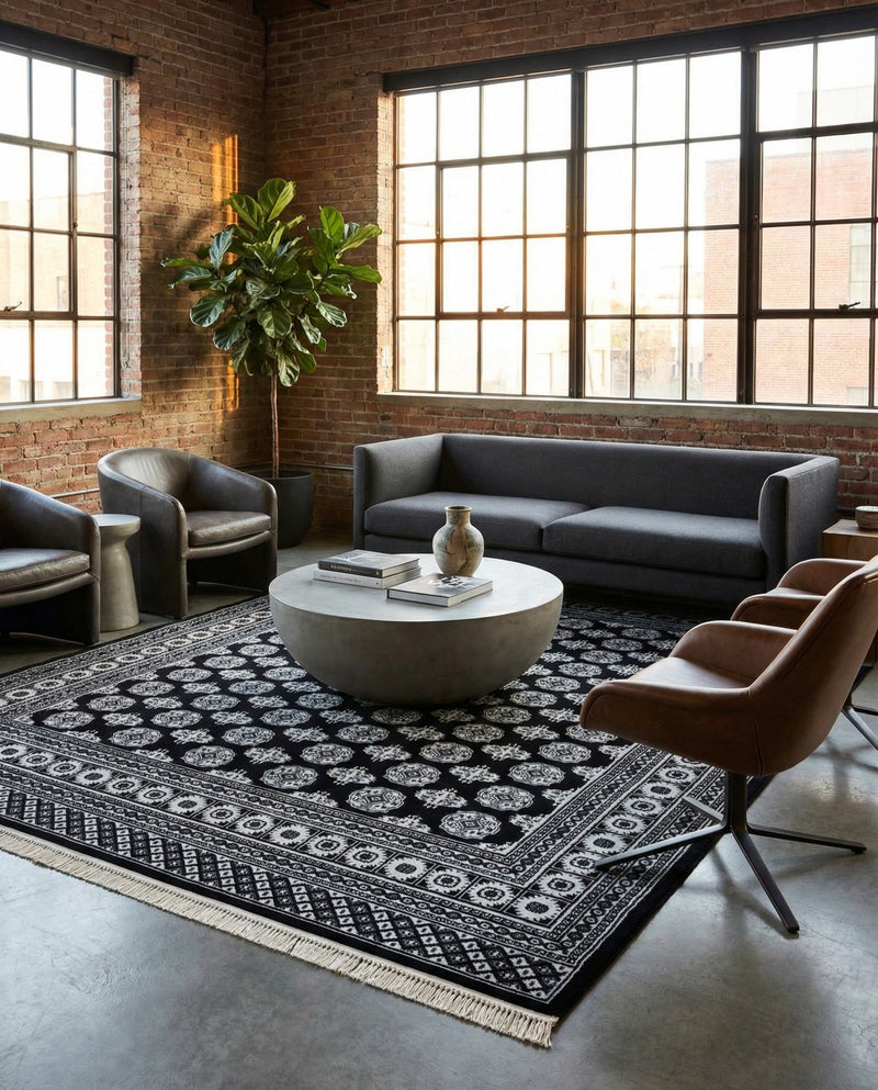 Samarkand Elegance Collection Area Rug -  Margilan (Black and White) Rectangle Black and White  lifestyle 28