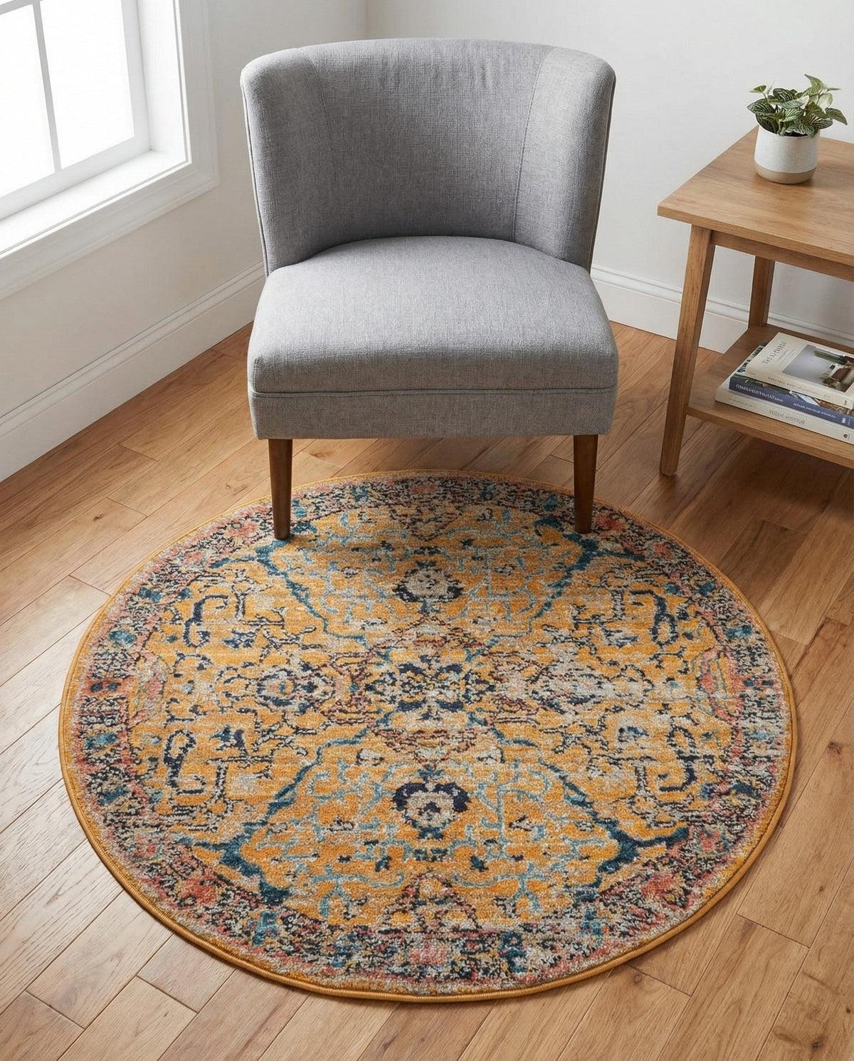 Seville Stripes Collection Area Rug -  Malaga (Yellow) Round Yellow  lifestyle 100