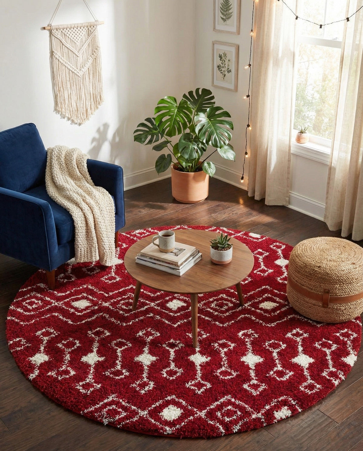 Berber Lattice Shag Collection Area Rug - Atlas (Burgundy Red) Round Burgundy Red  lifestyle 55