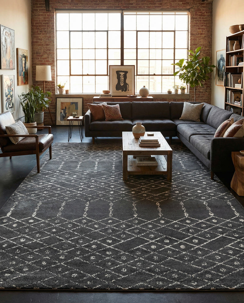 Marrakesh Lattice Collection Area Rug - Casablanca (Charcoal Gray) Rectangle Charcoal Gray  lifestyle 7