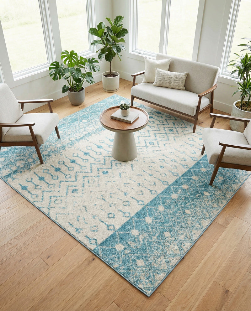 Mediterranean Lattice Collection Area Rug -  Casablanca (Ivory Blue) Square Ivory Blue  lifestyle 74