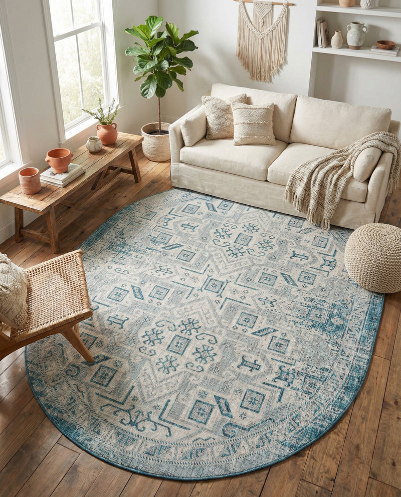 Tribal Terrace Treasures Collection Area Rug - Mayan Marina (Teal) Oval Teal  lifestyle 69