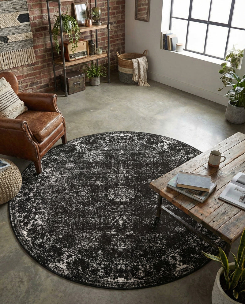Riviera Elegance Collection Area Rug - Antibes (Black) Round Black  lifestyle 53