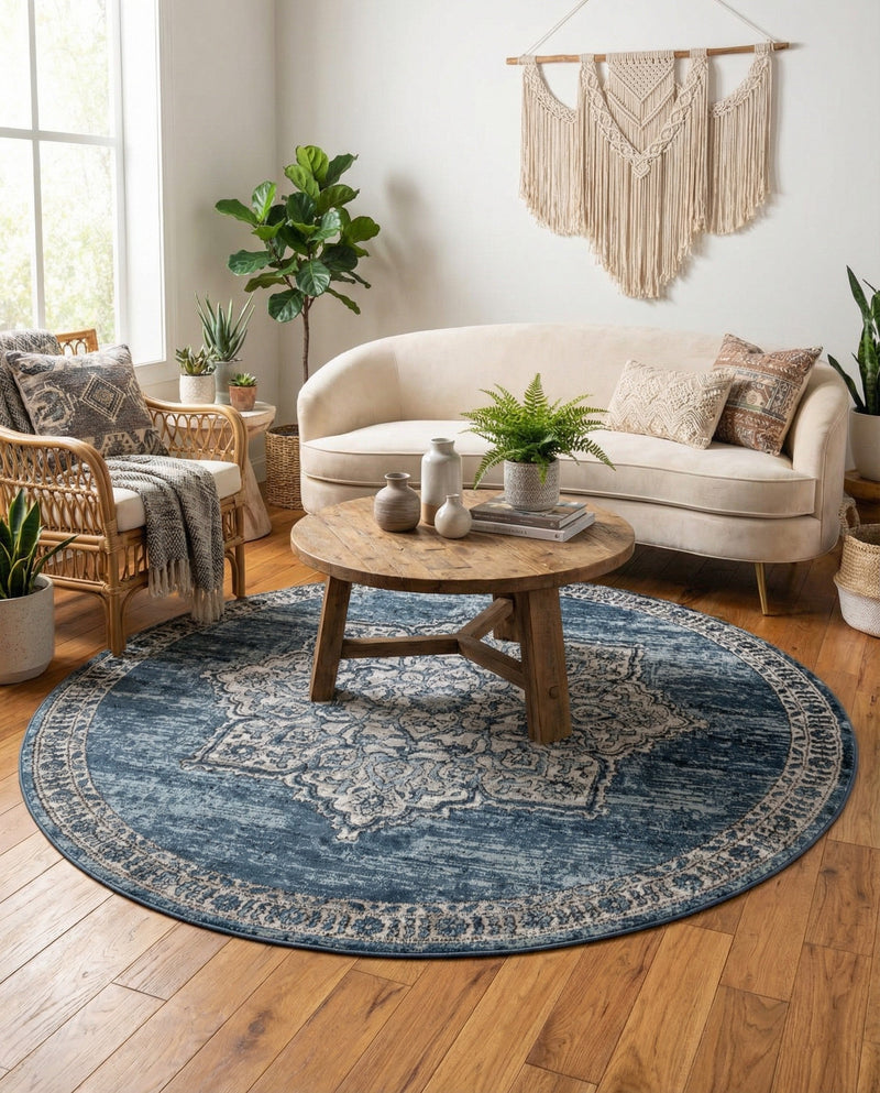 Mykonos Manor Collection Area Rug -  Tinos (Blue) Round Blue  lifestyle 59
