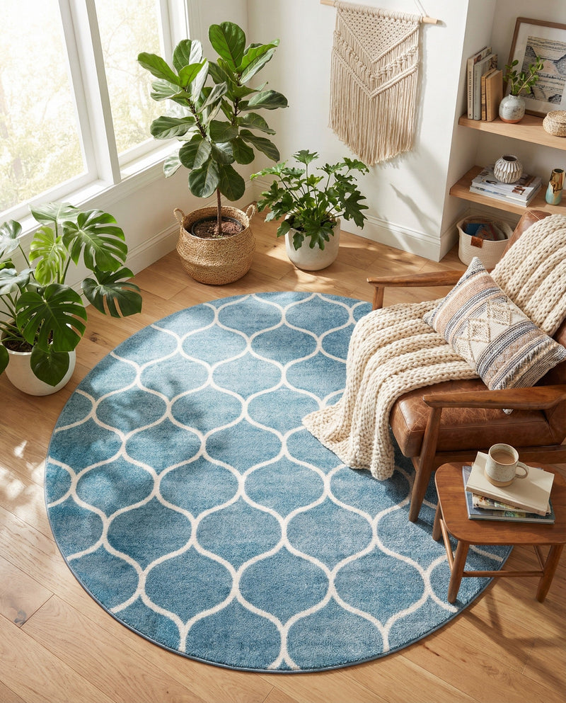 Trellis Mosaic Collection Area Rug -  Pergolatown (Light Blue) Round Light Blue  lifestyle 44