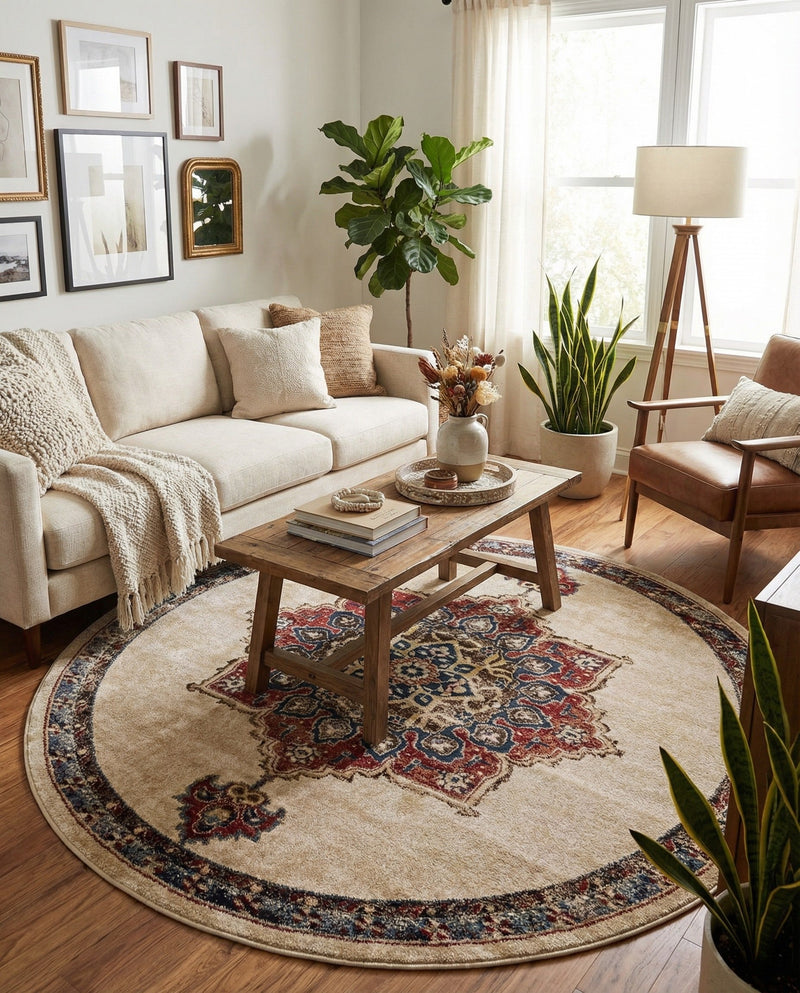 Eden Oasis Collection Area Rug -  Tranquility (Cream) Round Cream  lifestyle 56