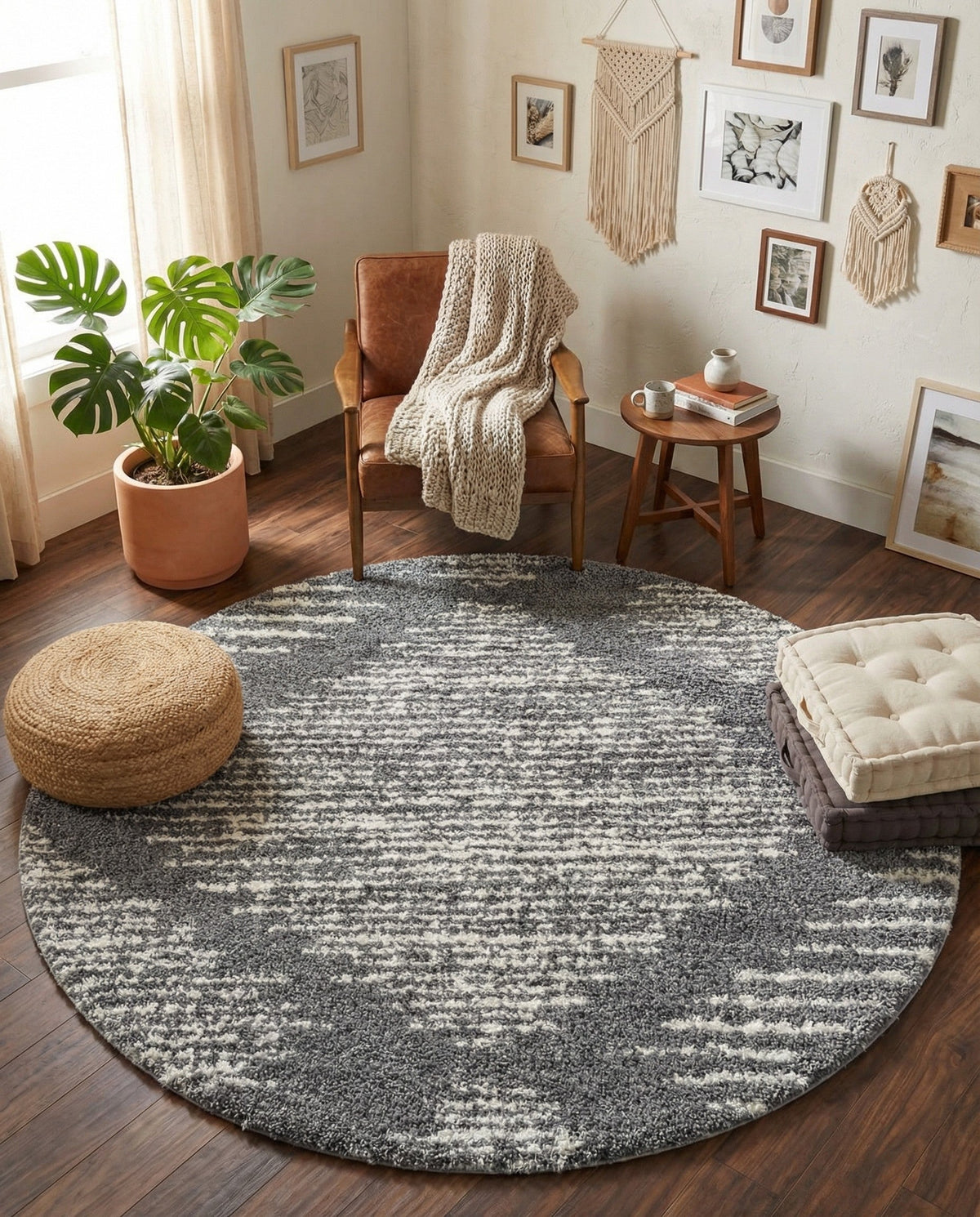 Tranquil Tides Shag Collection Area Rug -  Azure Round Gray  lifestyle 133