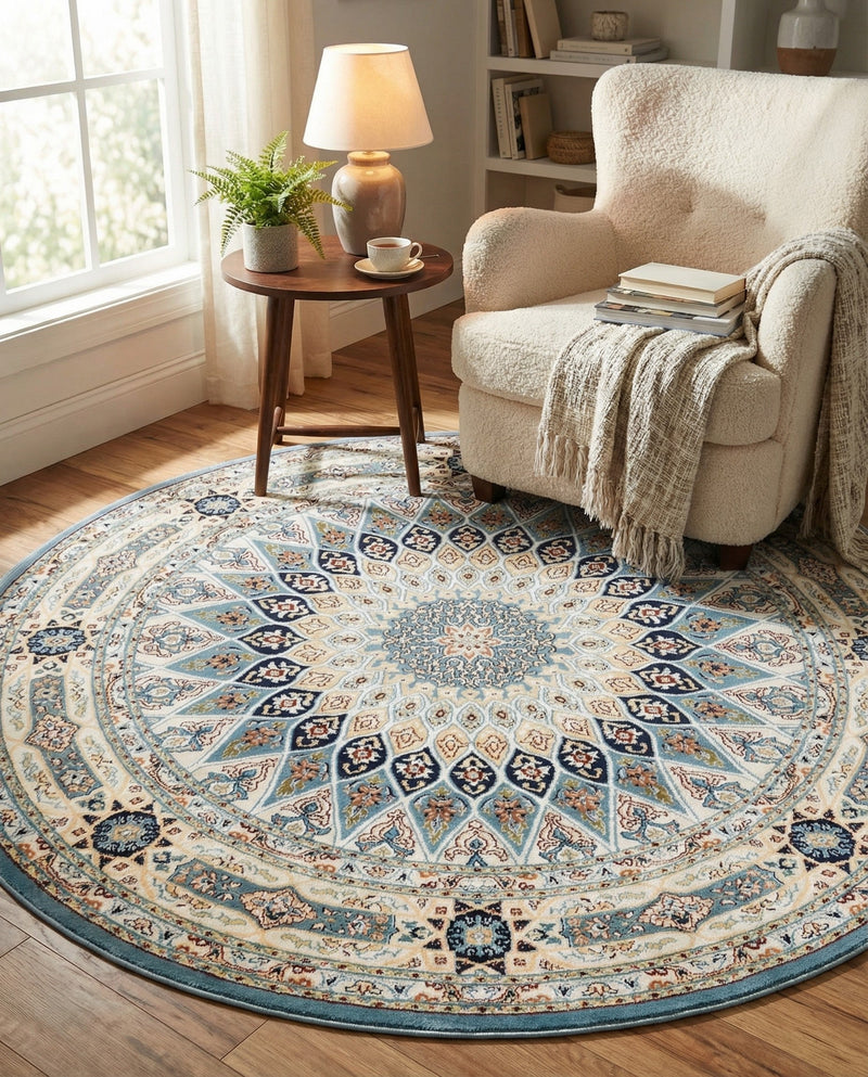 Persian Elegance Collection Area Rug -  Hamedan (Blue) Round Blue  lifestyle 93