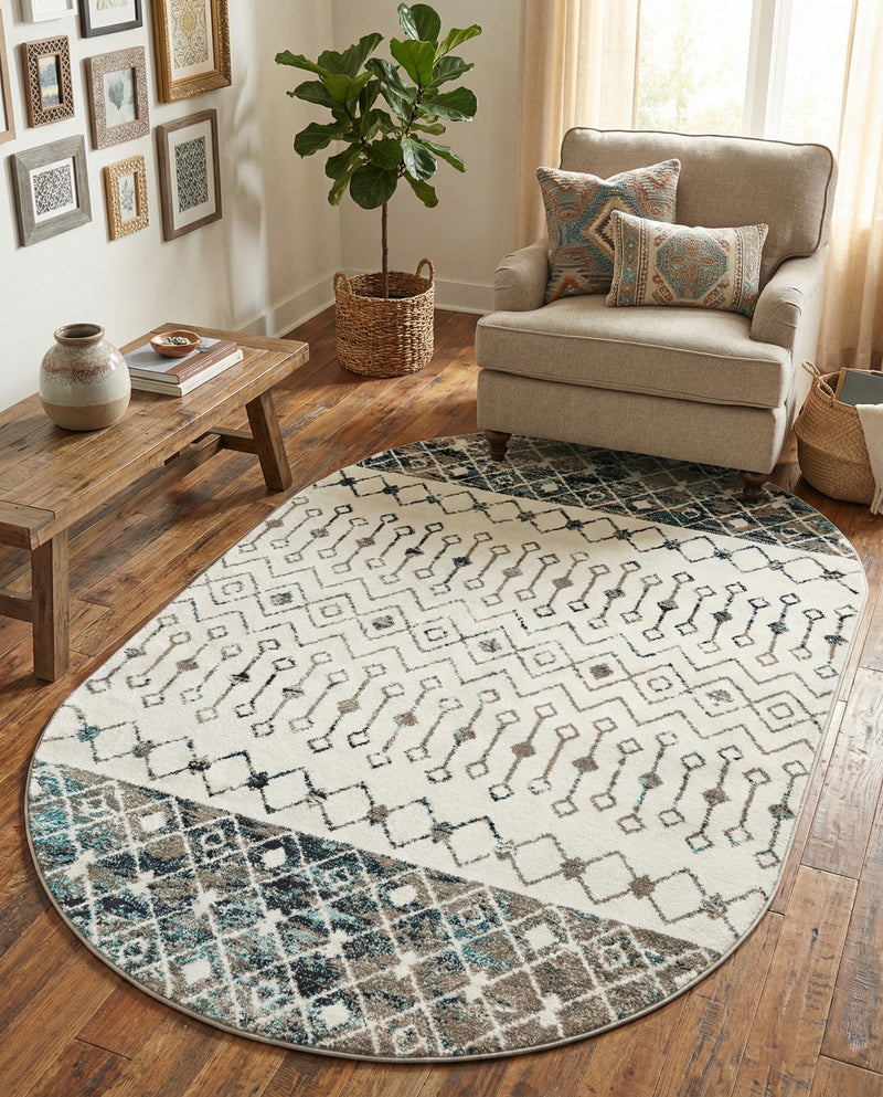 Mediterranean Lattice Collection Area Rug -  Casablanca (Ivory Gray Blue) Oval Ivory Gray Blue  lifestyle 65