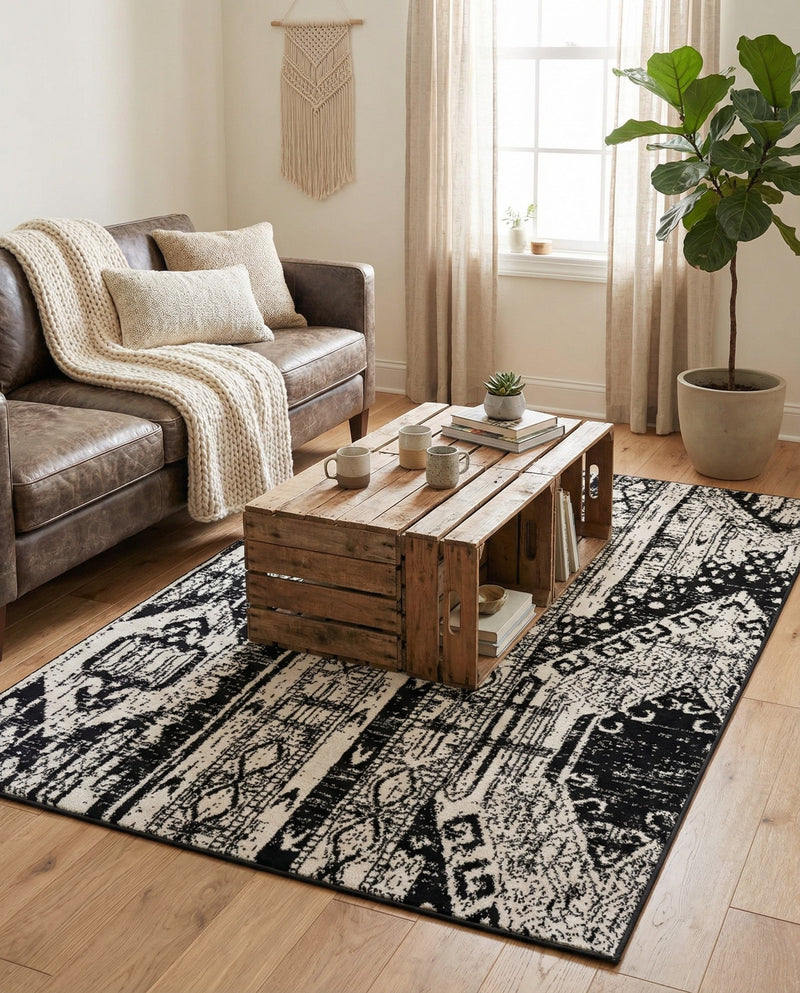 Cascade Range Collection Area Rug - Hood (Black and White) Rectangle Black and White  lifestyle 7