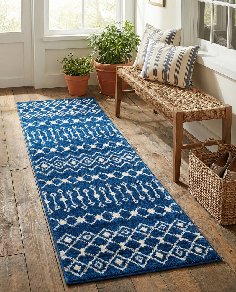 Mediterranean Lattice Collection Area Rug - Santorini (Navy Blue) Runner Navy Blue  lifestyle 49