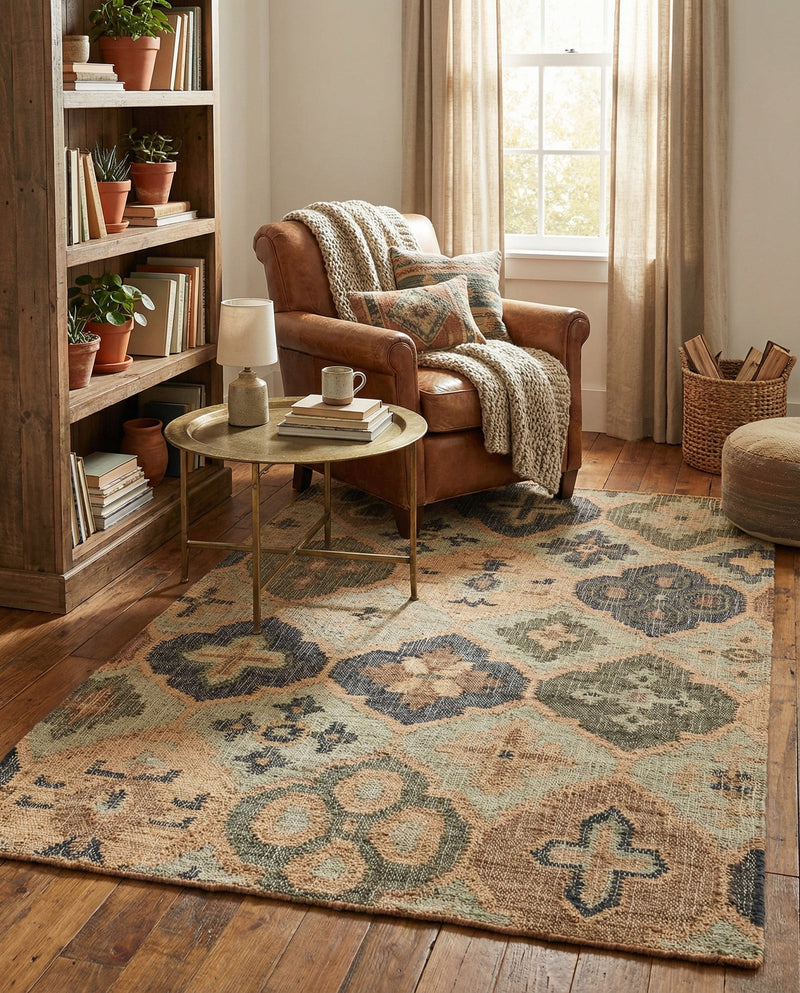 Benares Handwoven Jute Collection Area Rug - Ganges Rectangle Blue and Green  lifestyle 11