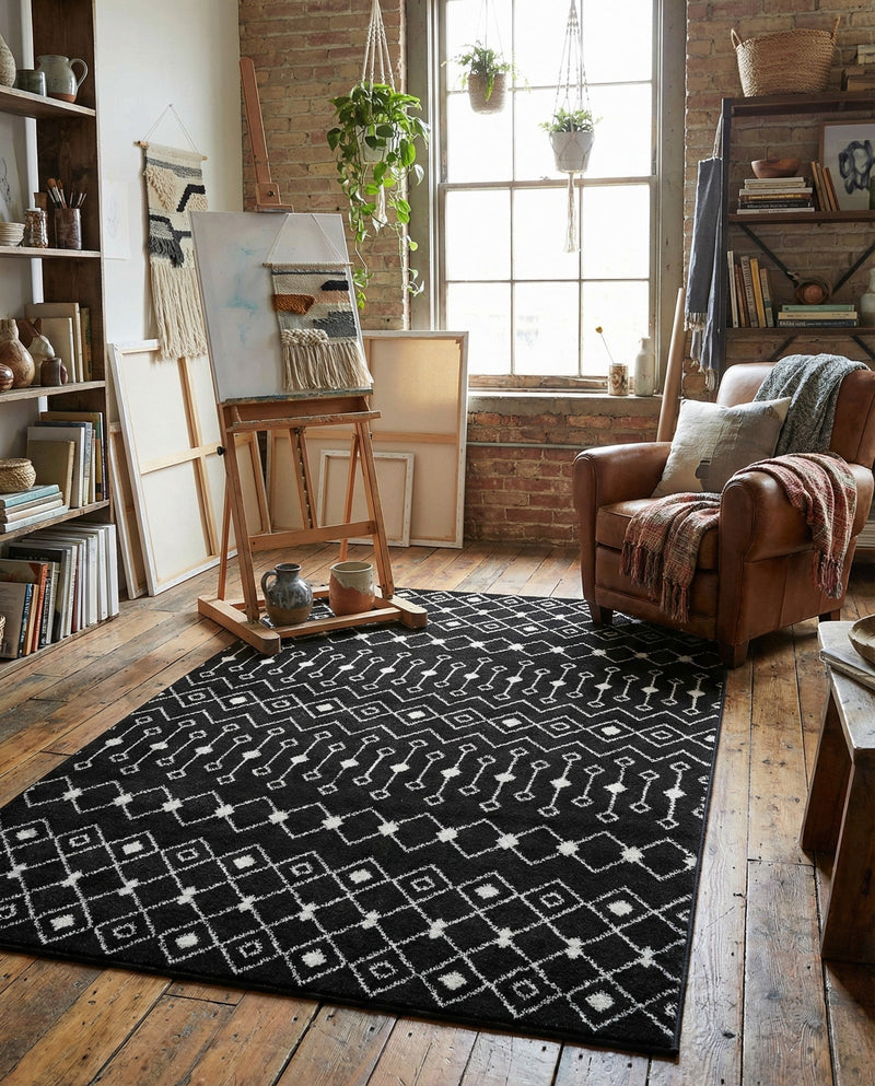 Mediterranean Lattice Collection Area Rug - Santorini (Black and White) Rectangle Black and White  lifestyle 6