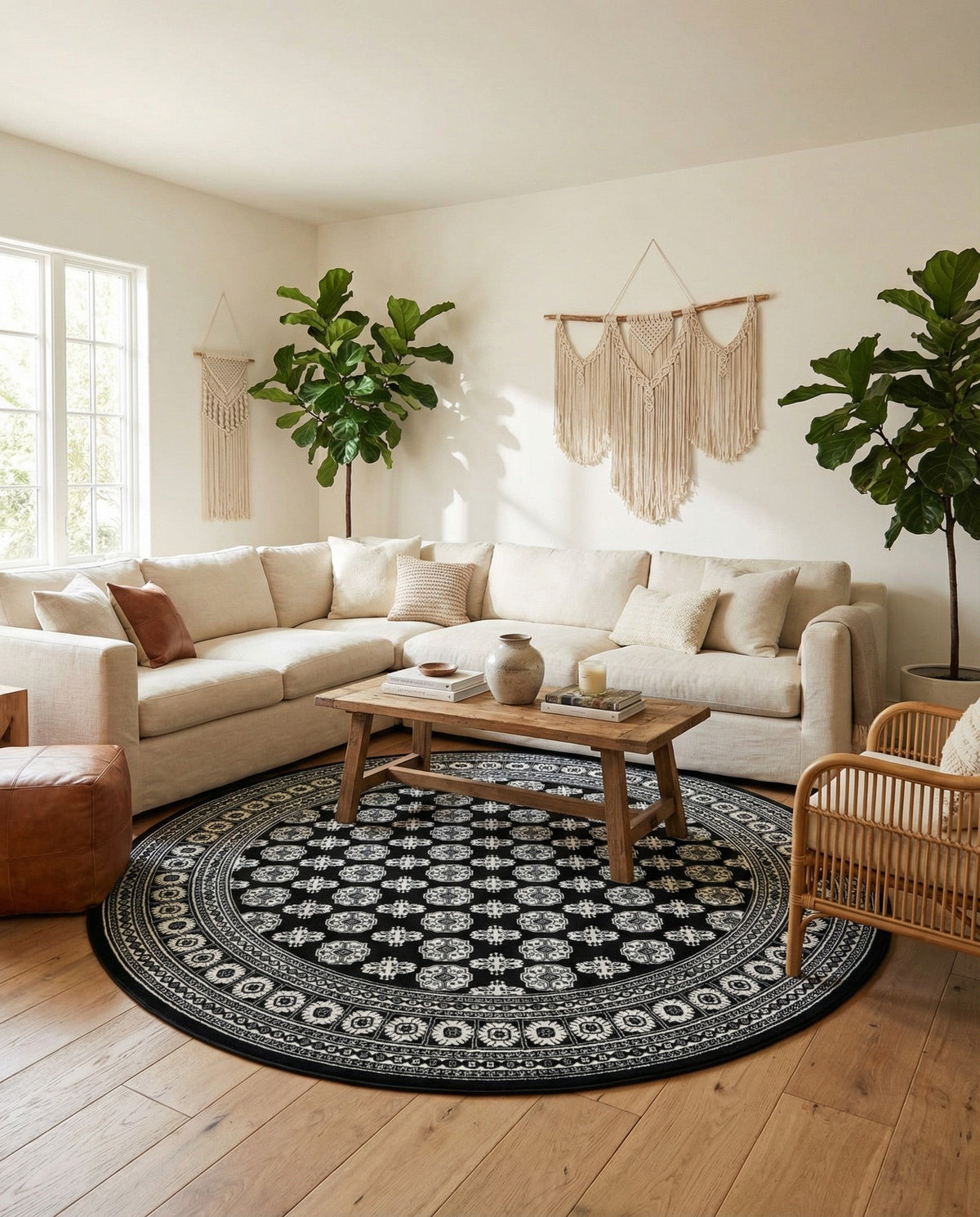 Samarkand Elegance Collection Area Rug -  Margilan (Black and White) Round Black and White  lifestyle 81