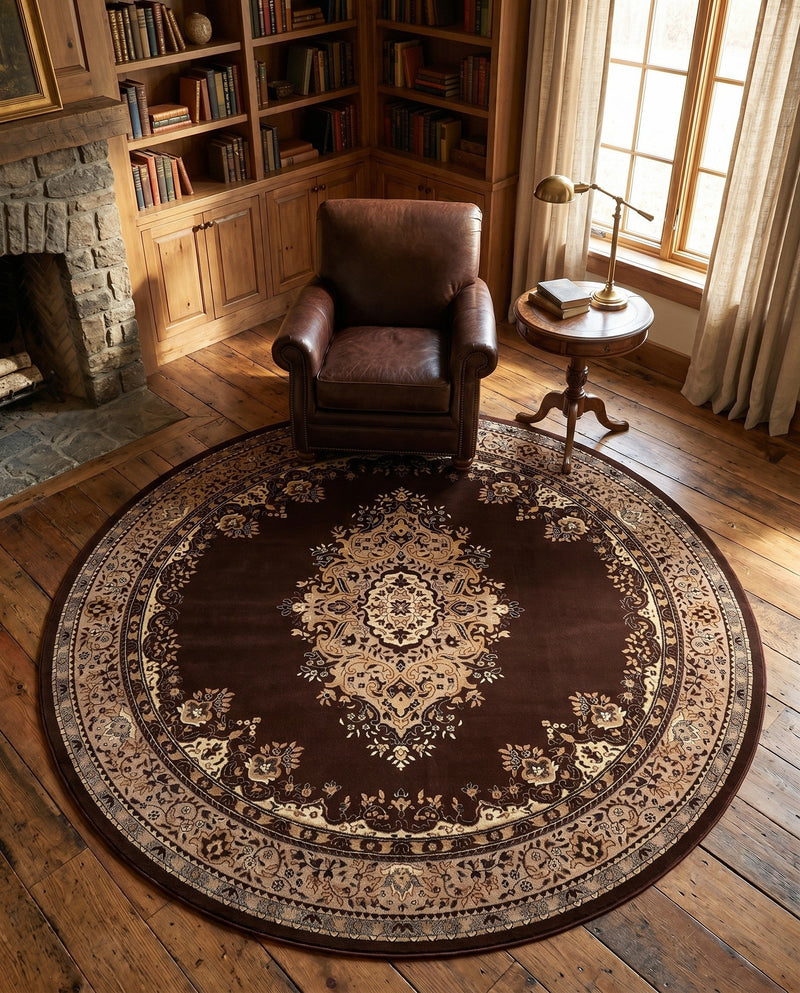 Tabriz Tapestry Collection Area Rug - Azerbaijan (Brown) Round Brown  lifestyle 64