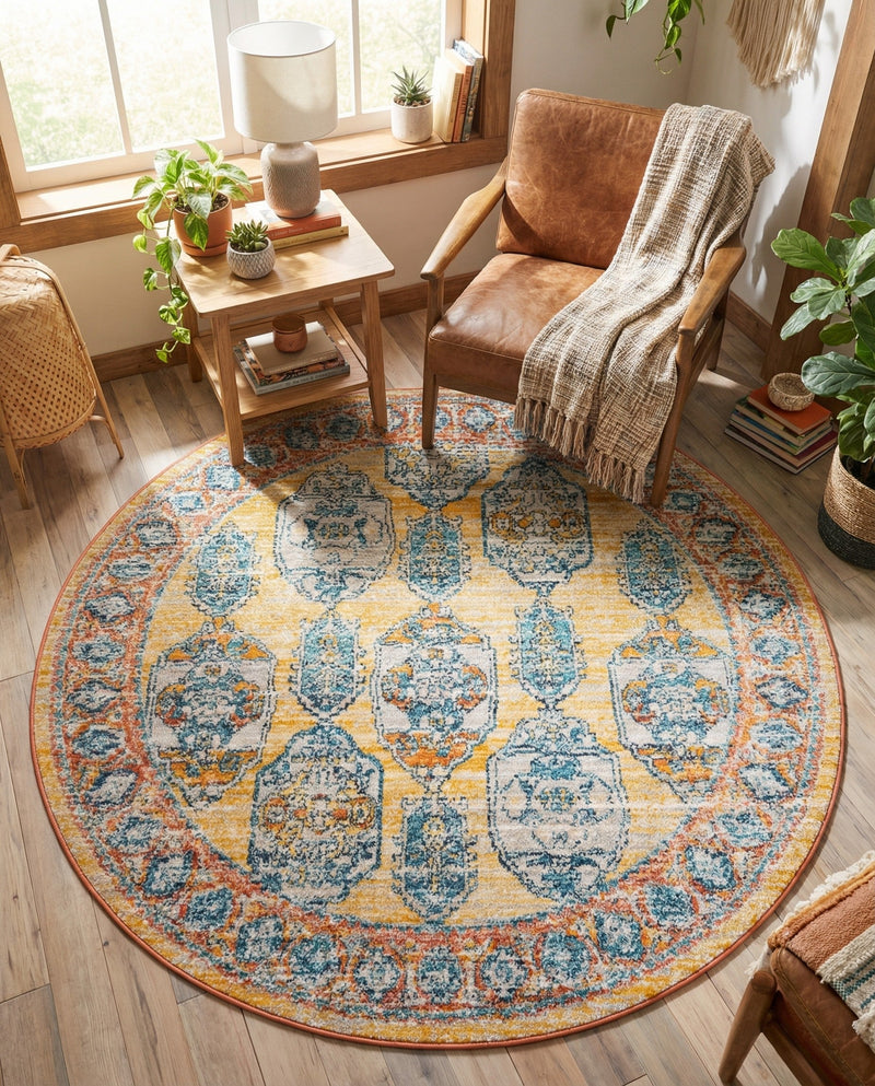 Seville Stripes Collection Area Rug -  Granada (Yellow) Round Yellow  lifestyle 65