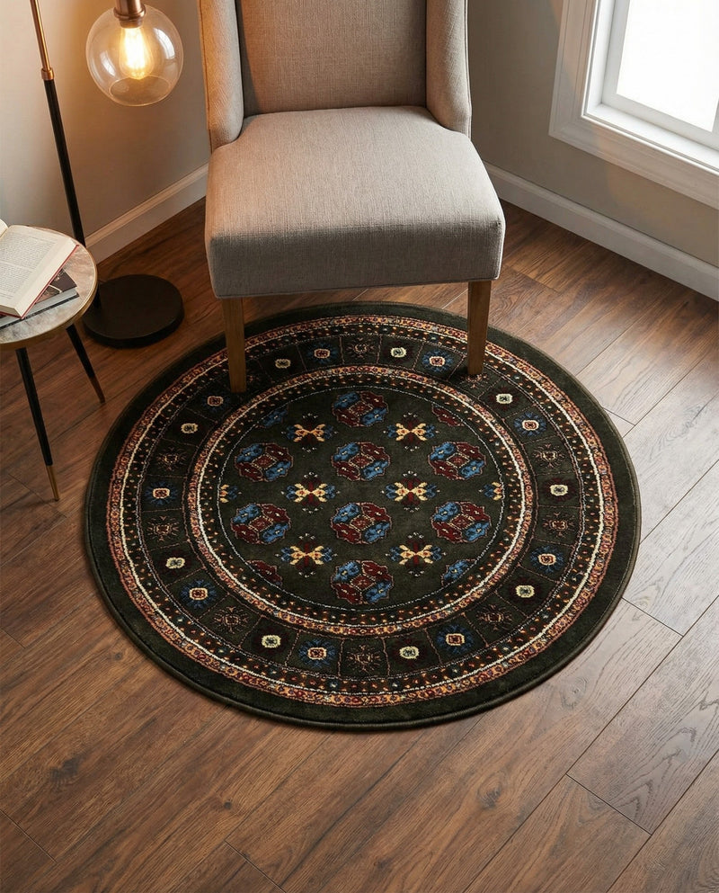 Samarkand Elegance Collection Area Rug -  Margilan (Dark Green) Round Dark Green  lifestyle 78
