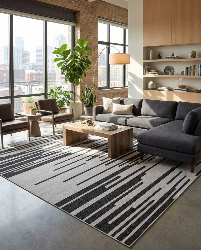 Urban Terrace Collection Area Rug -  Riverside Square Black and White  lifestyle 83