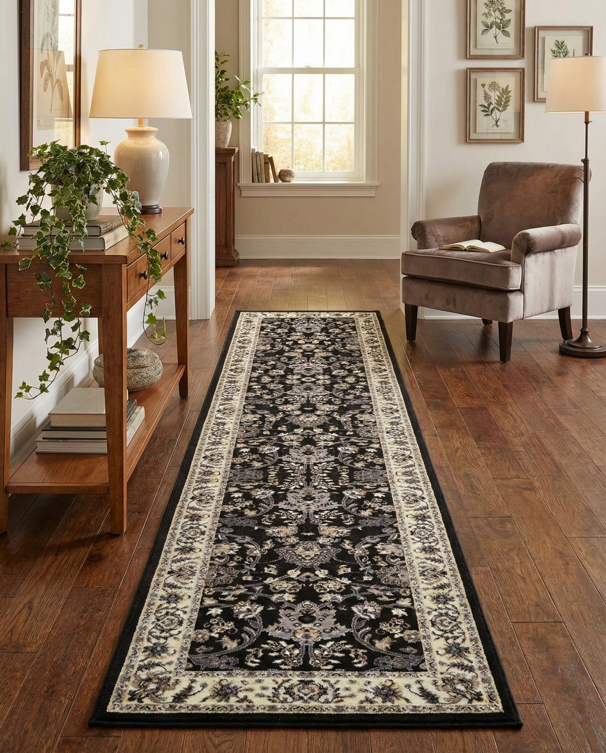 Isfahan Elegance Collection Area Rug - Naghsh-e Jahan (Black) Runner Black  lifestyle 136