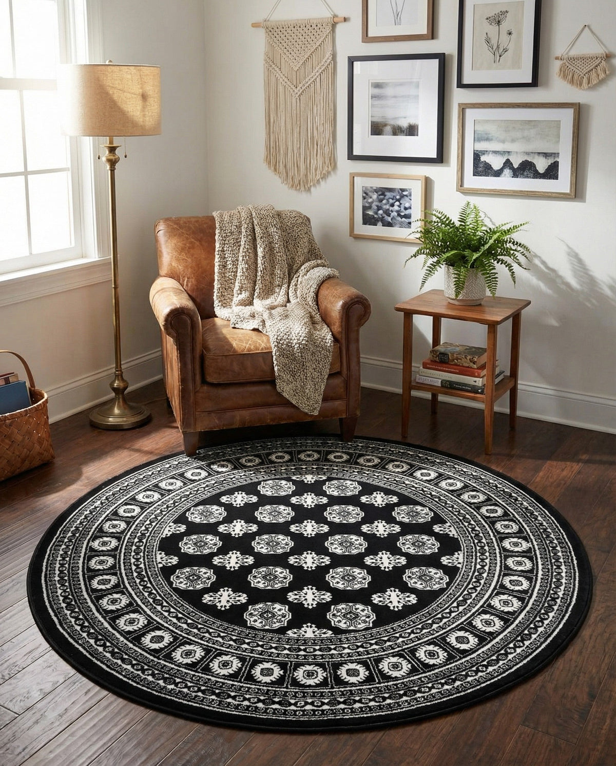 Samarkand Elegance Collection Area Rug -  Margilan (Black and White) Round Black and White  lifestyle 91