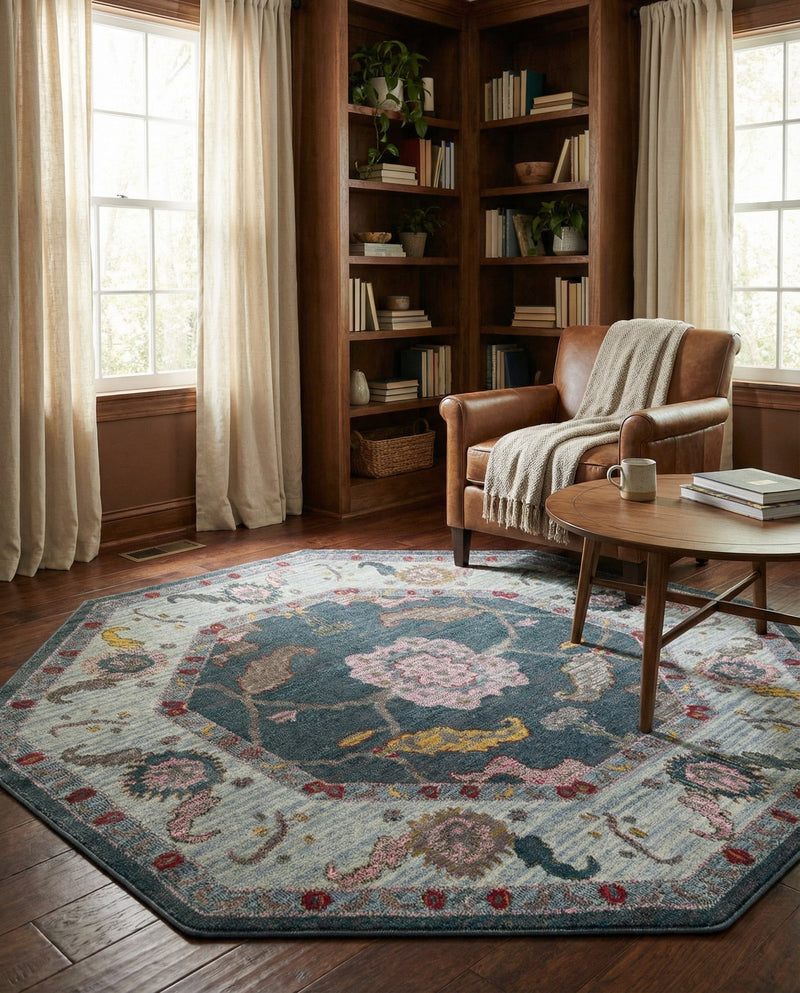 Arcadia Rugs Collection Area Rug - Eden (Gray and Blue) Octagon Gray and Blue  lifestyle 52