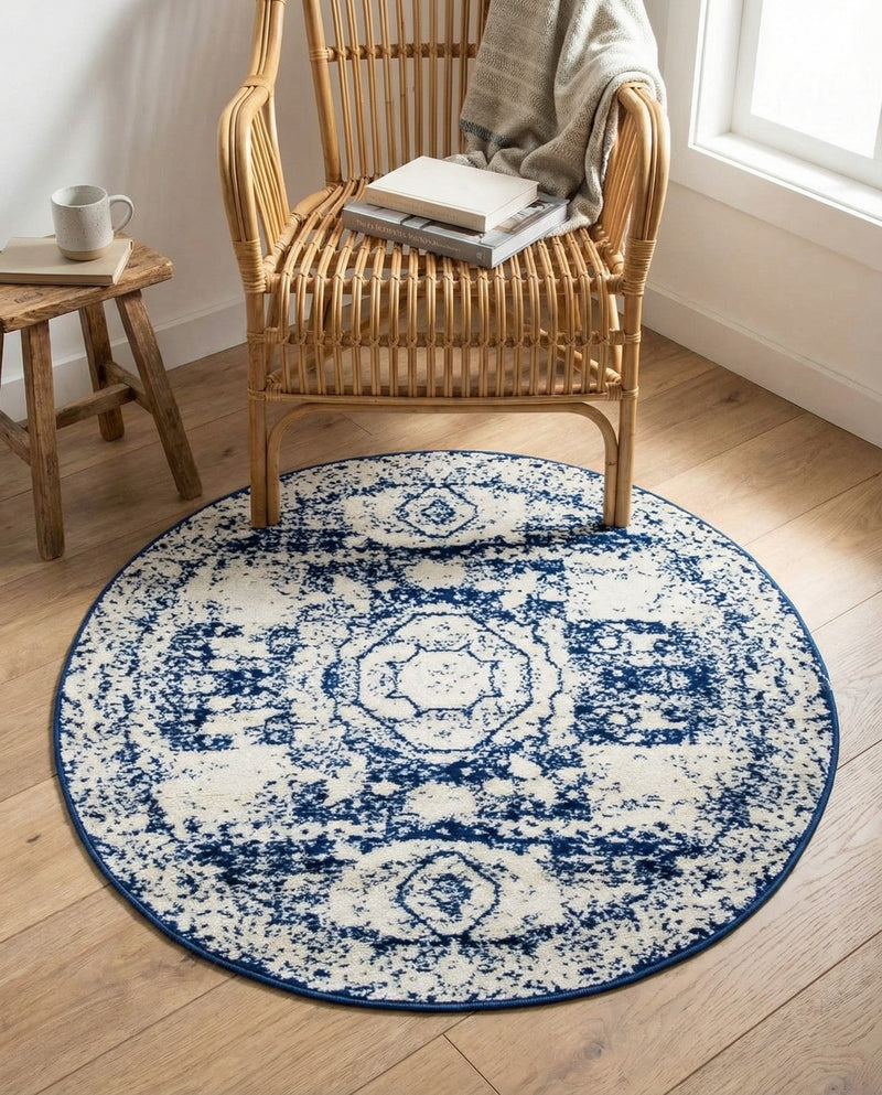 Dover Terrace Collection Area Rug -  Lagoon (Ivory and Blue) Round Ivory and Blue  lifestyle 23