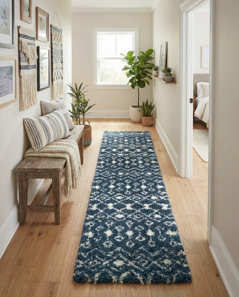 Berber Lattice Shag Collection Area Rug - Atlas (Navy Blue) Runner Navy Blue  lifestyle 62