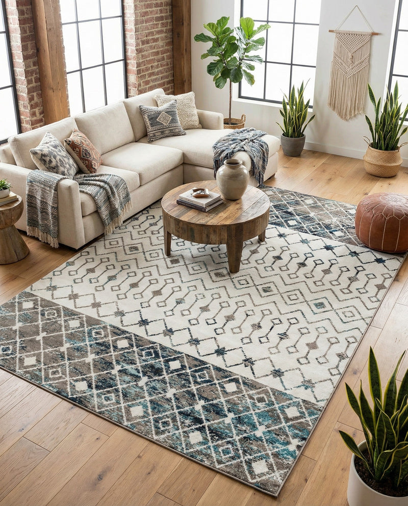 Mediterranean Lattice Collection Area Rug -  Casablanca (Ivory Gray Blue) Rectangle Ivory Gray Blue  lifestyle 14