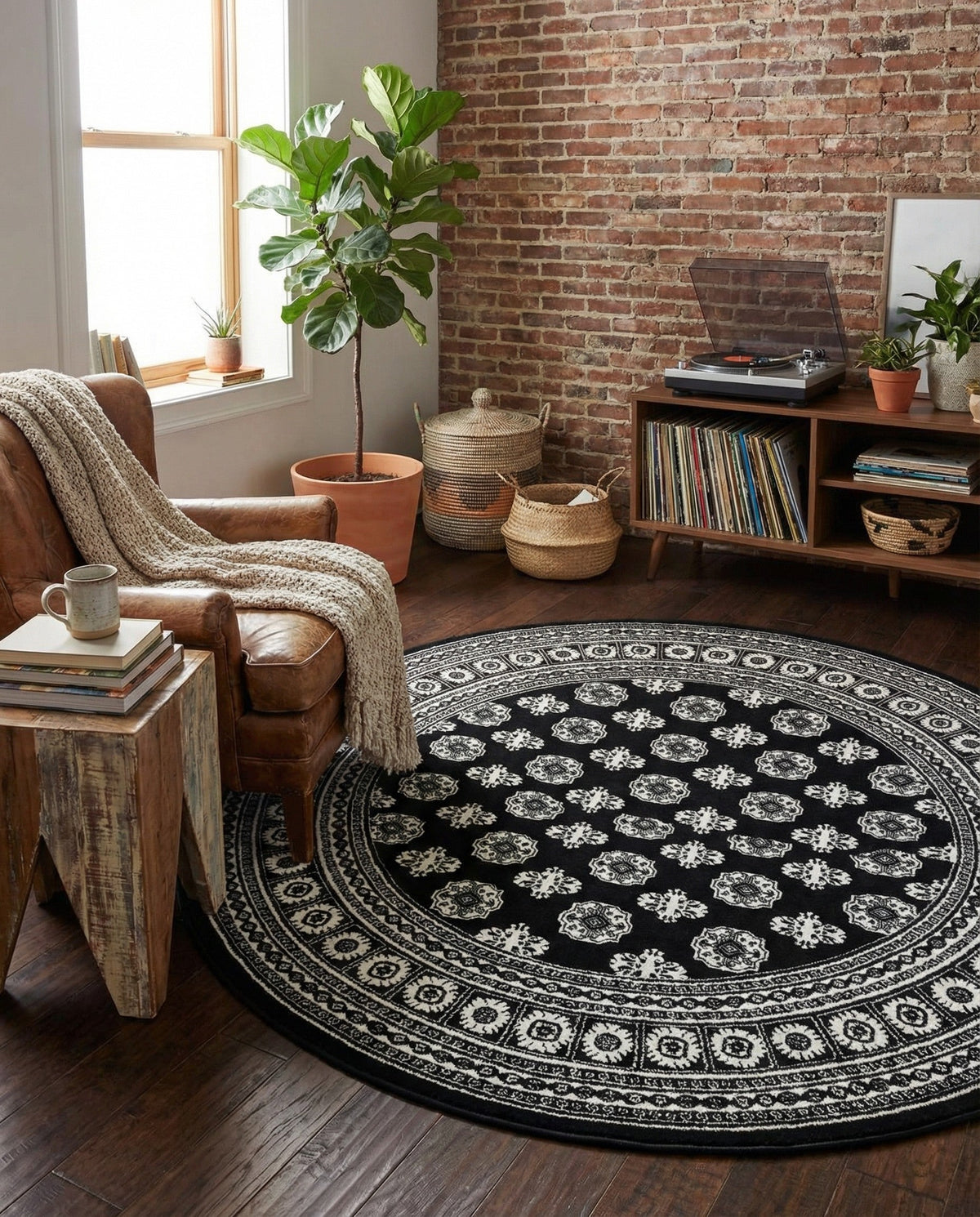 Samarkand Elegance Collection Area Rug -  Margilan (Black and White) Round Black and White  lifestyle 96
