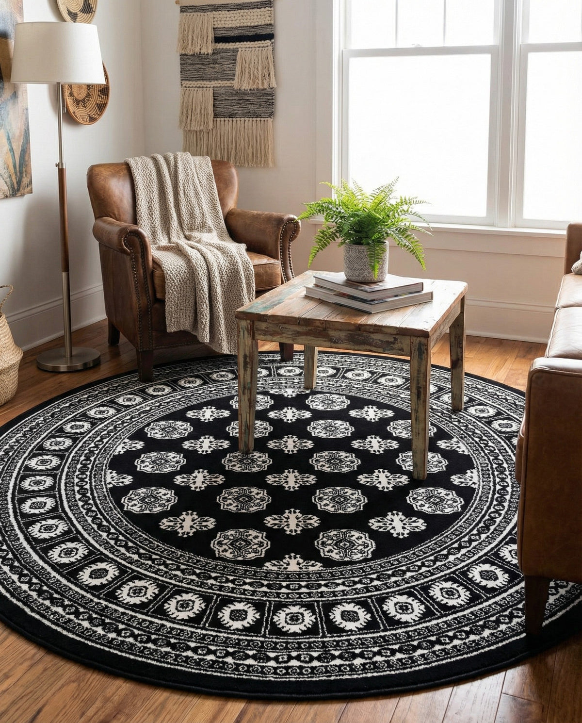 Samarkand Elegance Collection Area Rug -  Margilan (Black and White) Round Black and White  lifestyle 92
