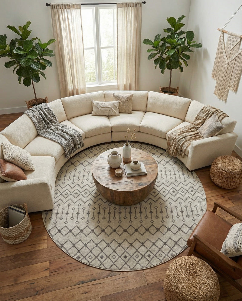 Mediterranean Lattice Collection Area Rug - Santorini (Ivory and Gray) Round Ivory and Gray  lifestyle 43