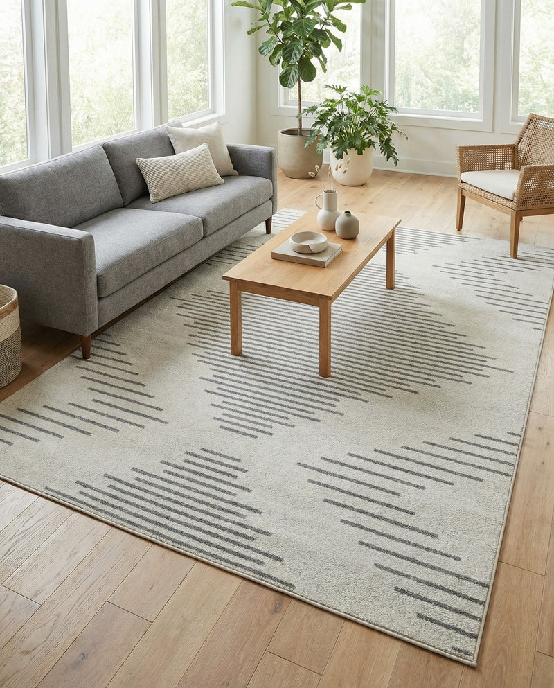 Seychelles Stripes Collection Area Rug - Mahe (Ivory and Gray) Rectangle Ivory and Gray  lifestyle 17