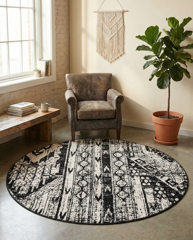 Cascade Range Collection Area Rug - Hood (Black and White) Round Black and White  lifestyle 67