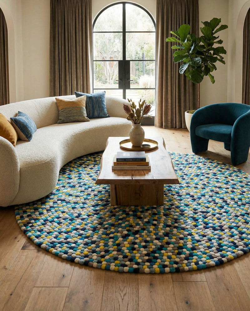Woolen Sphere Collection Area Rug - Orbsburg (Blue) Round Blue  lifestyle 29