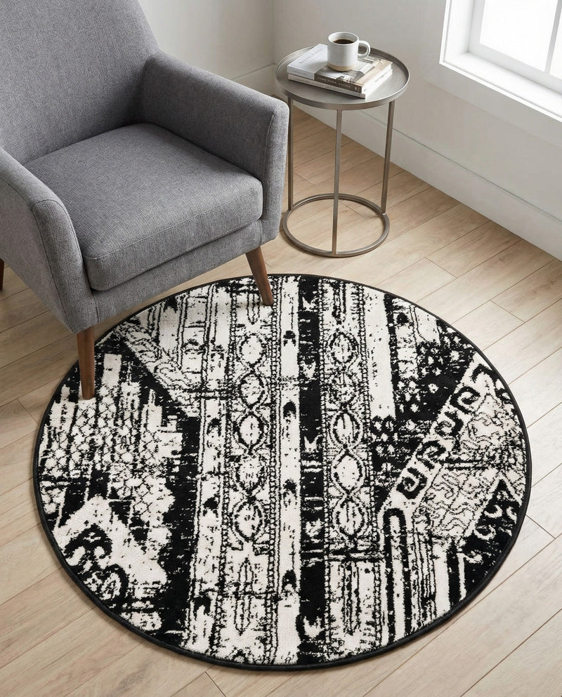Cascade Range Collection Area Rug - Hood (Black and White) Round Black and White  lifestyle 36