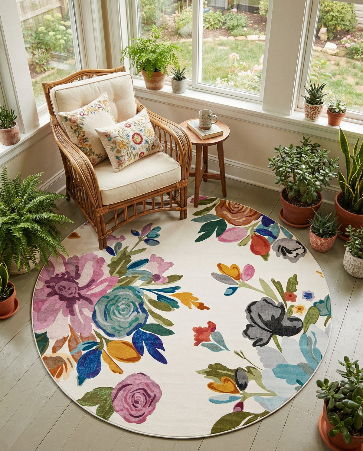 Meadow Breeze Collection Area Rug - Wildflower Round Ivory  lifestyle 156