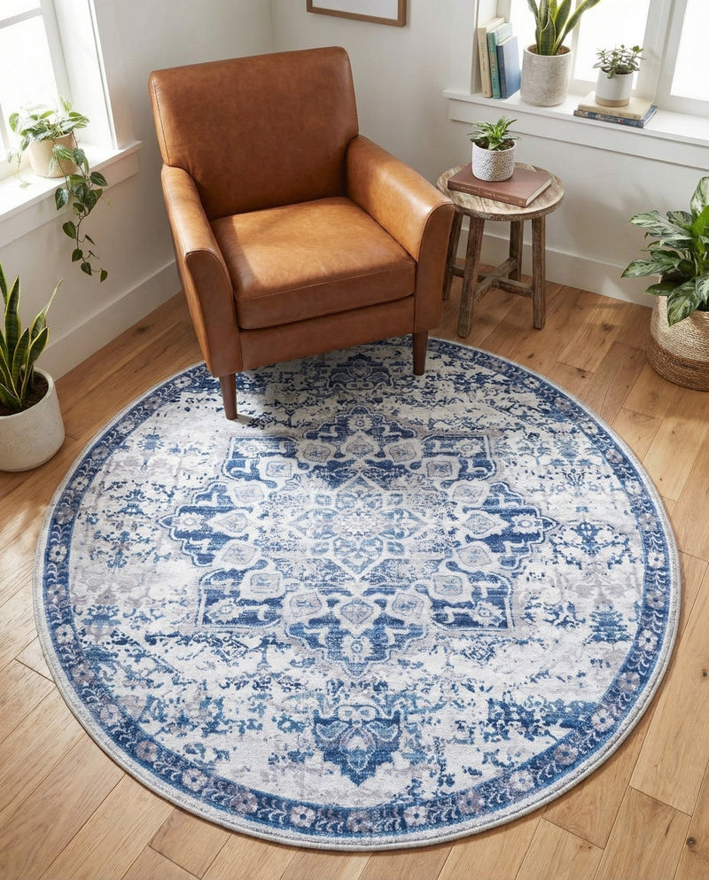 Baroque Era Collection Area Rug - Versailles (Gray Blue) Round Gray Blue  lifestyle 75