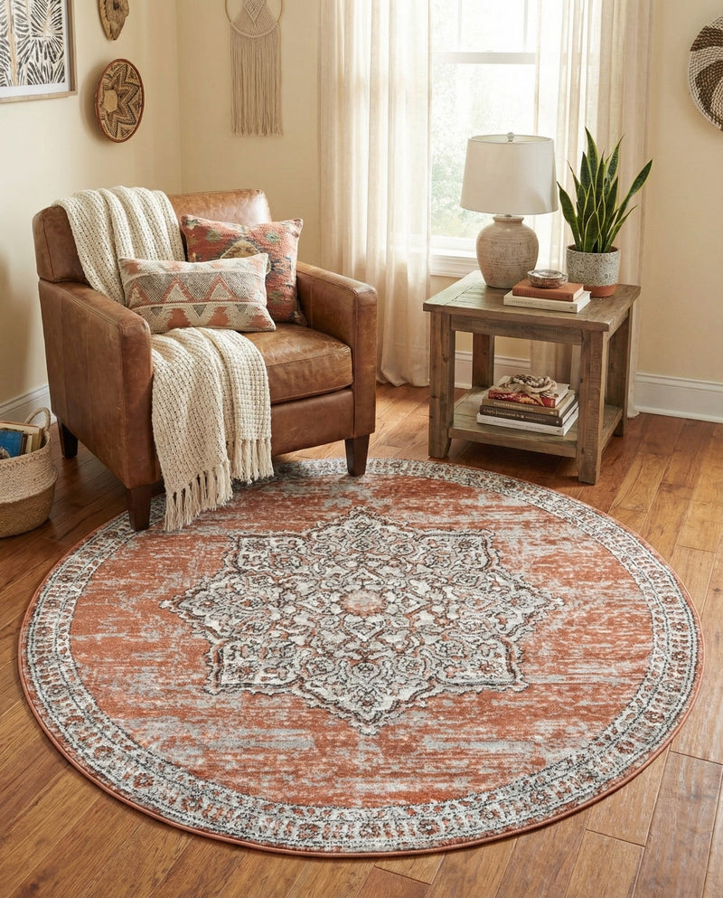Mykonos Manor Collection Area Rug -  Tinos (Salmon Pink) Round Salmon Pink  lifestyle 28