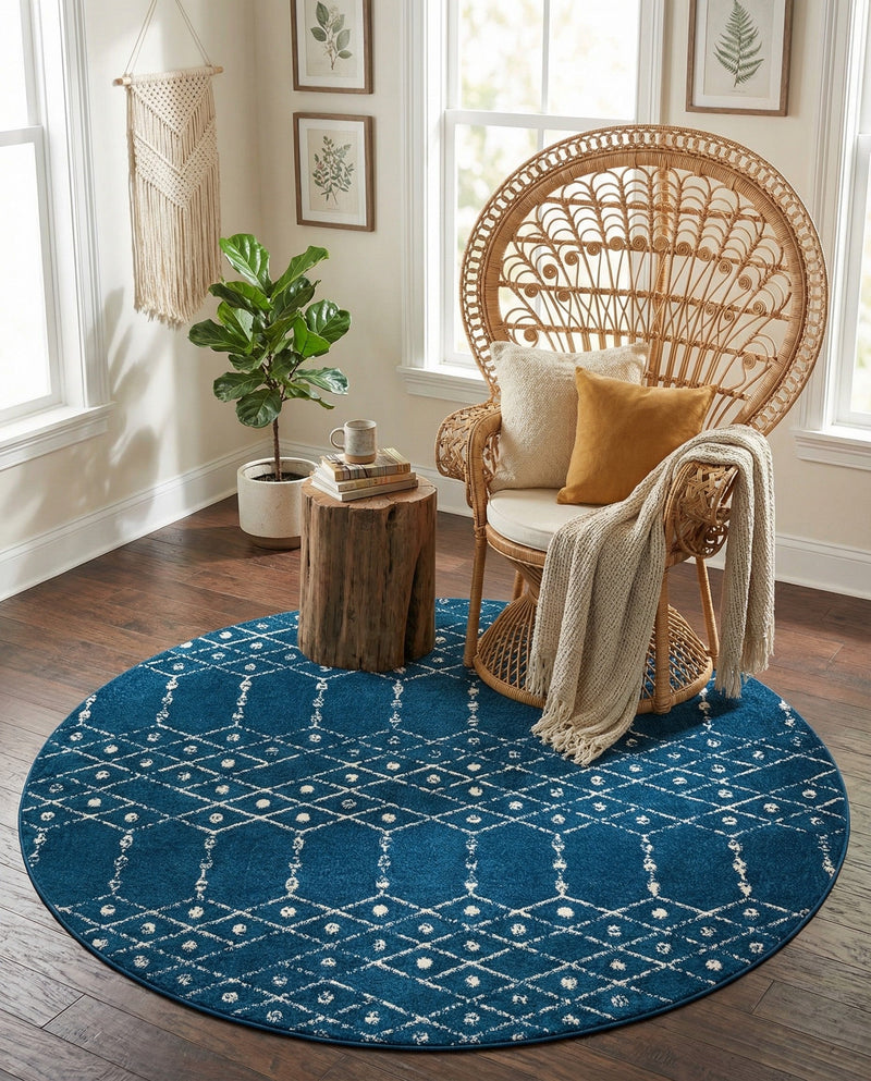Marrakesh Lattice Collection Area Rug - Casablanca (Navy Blue) Round Navy Blue  lifestyle 38