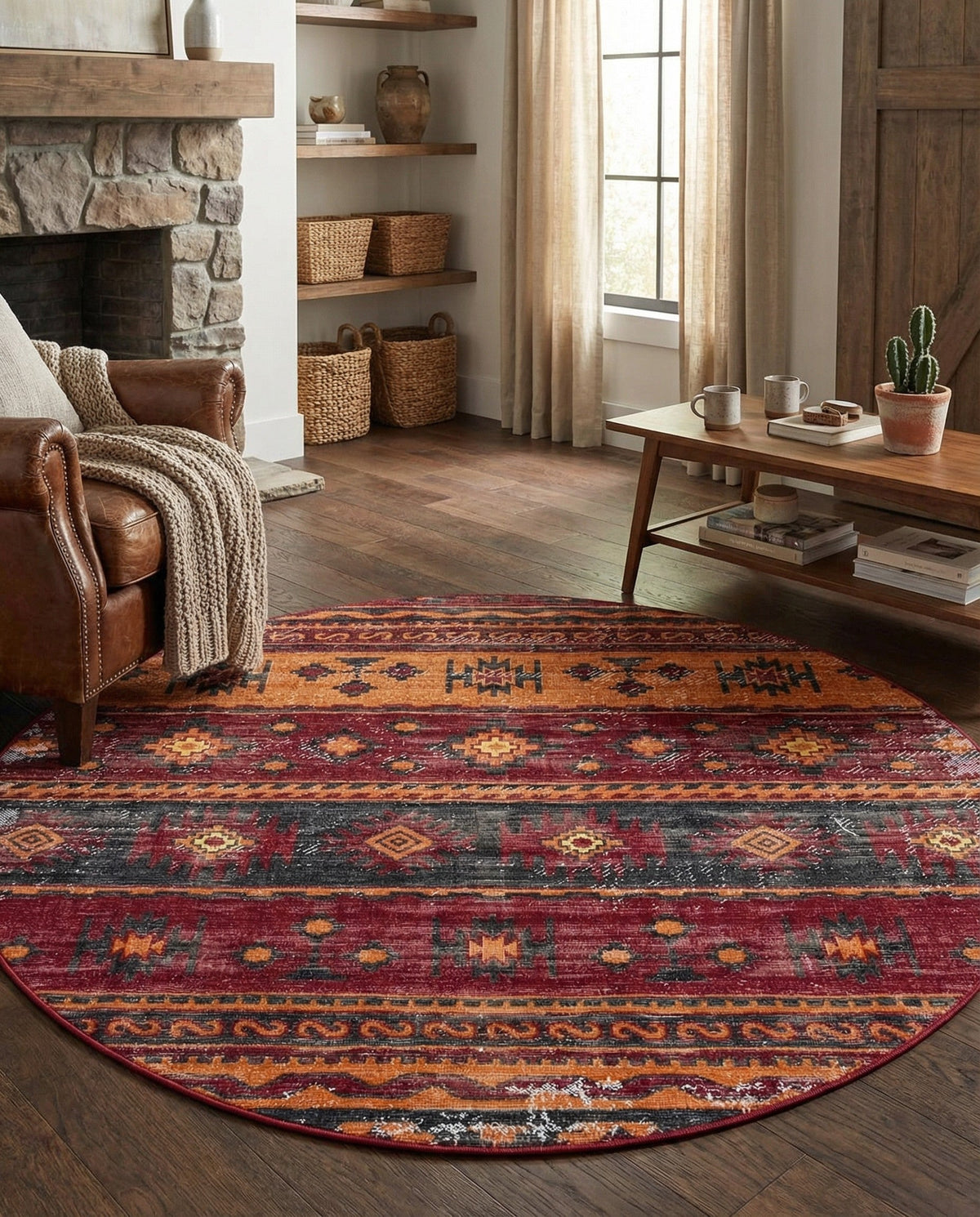 Geneva Terrace Collection Area Rug - Montreux Round Rust Red  lifestyle 104