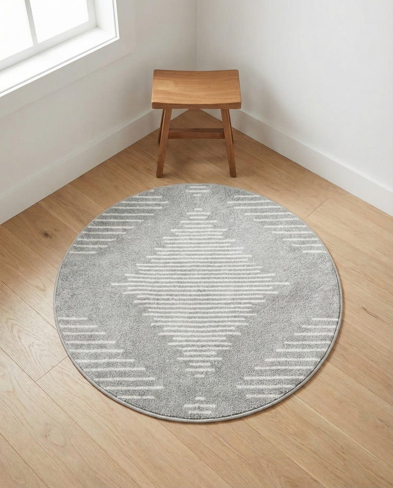Seychelles Stripes Collection Area Rug - Mahe (Ivory and Gray) Round Ivory and Gray  lifestyle 75