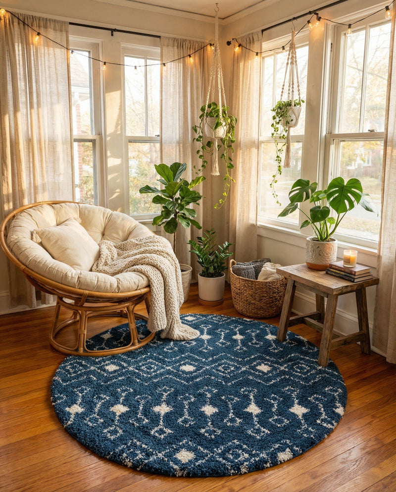Berber Lattice Shag Collection Area Rug - Atlas (Navy Blue) Round Navy Blue  lifestyle 77