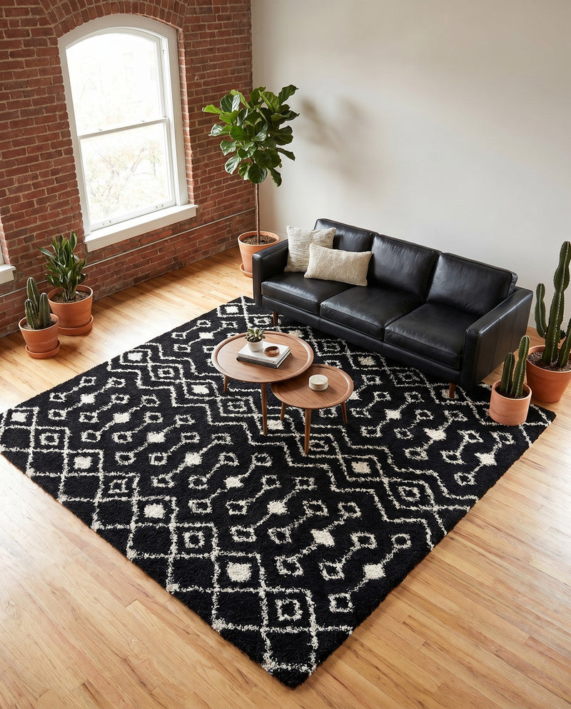 Berber Lattice Shag Collection Area Rug - Atlas (Black and White) Square Black and White  lifestyle 43
